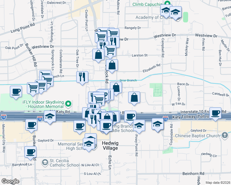 map of restaurants, bars, coffee shops, grocery stores, and more near 1123 Adkins Road in Houston