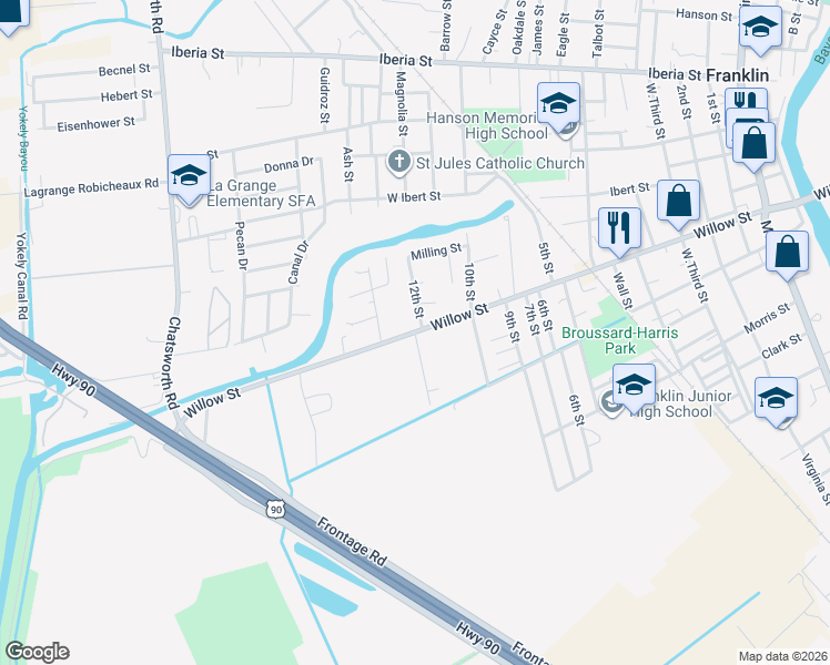 map of restaurants, bars, coffee shops, grocery stores, and more near 522 Florida Street in Franklin