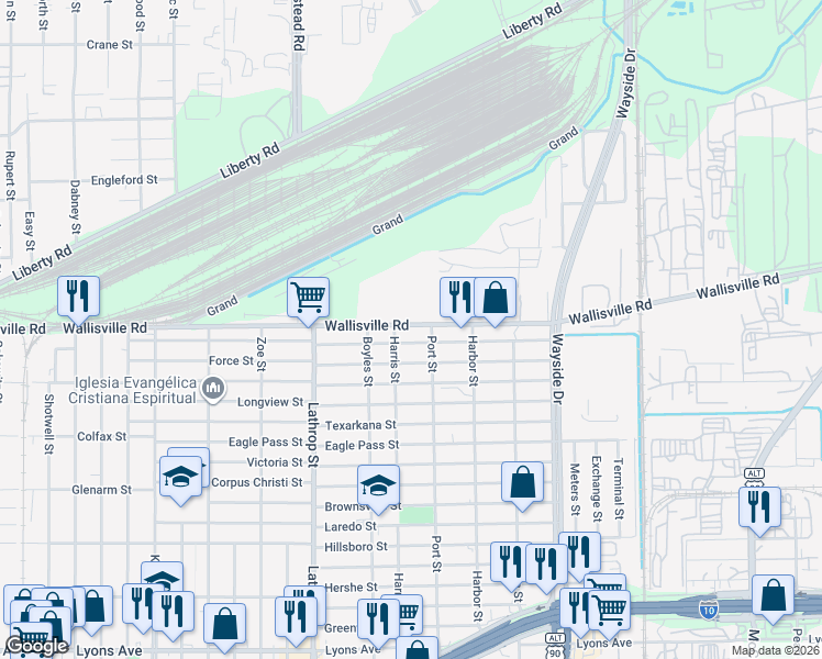 map of restaurants, bars, coffee shops, grocery stores, and more near 7201 Alderson Street in Houston