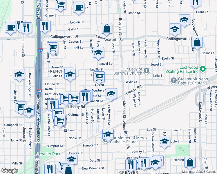 map of restaurants, bars, coffee shops, grocery stores, and more near 4037 Courtney Street in Houston