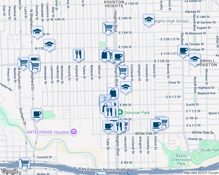 map of restaurants, bars, coffee shops, grocery stores, and more near 123 West 9th Street in Houston