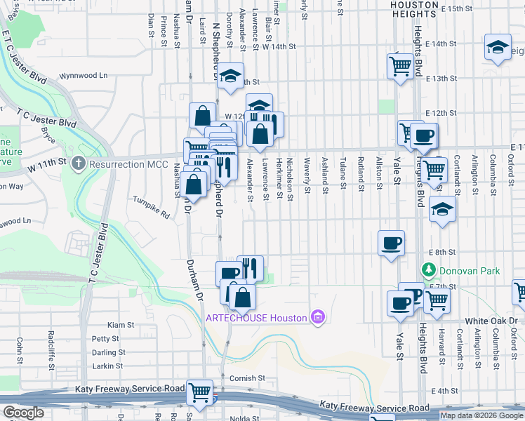 map of restaurants, bars, coffee shops, grocery stores, and more near 902 Alexander Street in Houston