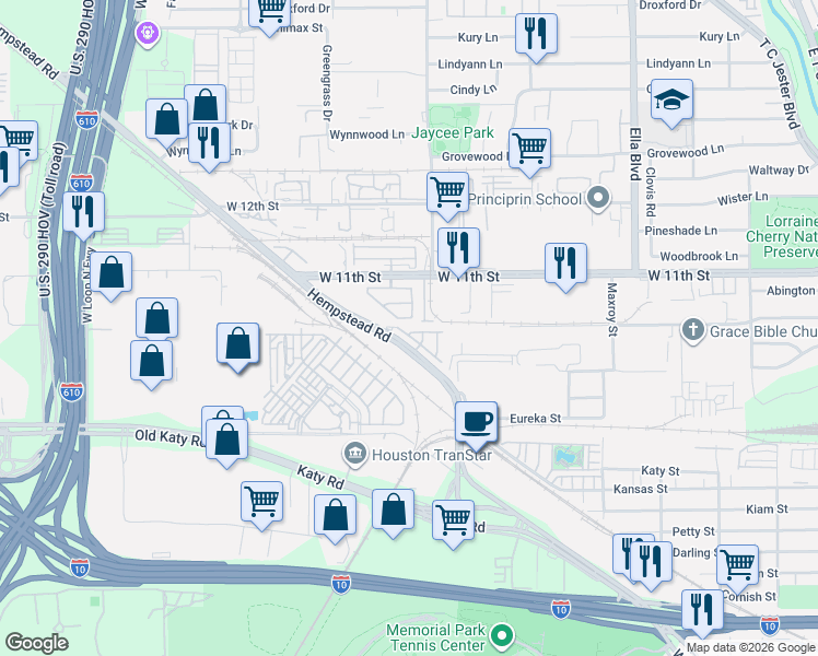 map of restaurants, bars, coffee shops, grocery stores, and more near 815 Algona Avenue in Houston