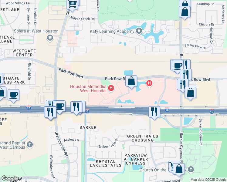 map of restaurants, bars, coffee shops, grocery stores, and more near 18500 Katy Freeway in Houston