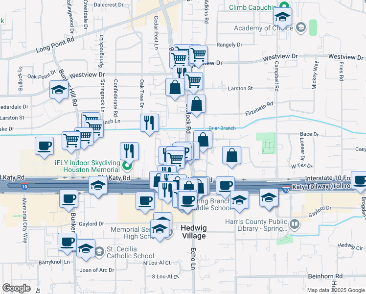 map of restaurants, bars, coffee shops, grocery stores, and more near 1111 Blalock Road in Houston