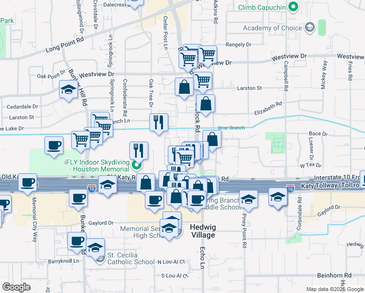 map of restaurants, bars, coffee shops, grocery stores, and more near 1111 Blalock Road in Houston