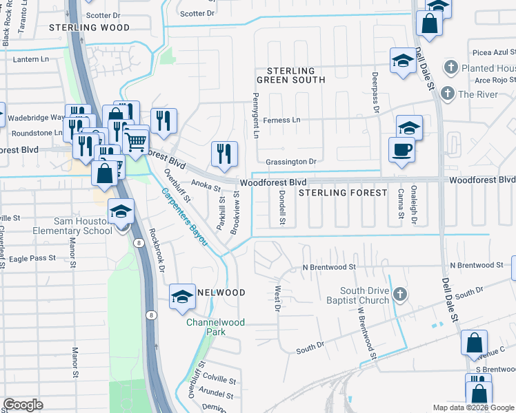 map of restaurants, bars, coffee shops, grocery stores, and more near 802 Brookview Street in Channelview
