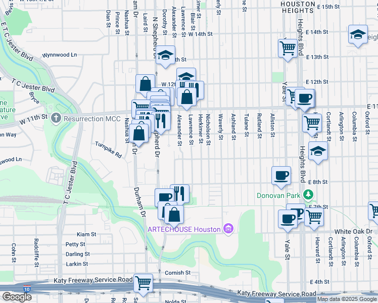 map of restaurants, bars, coffee shops, grocery stores, and more near 902 Alexander Street in Houston