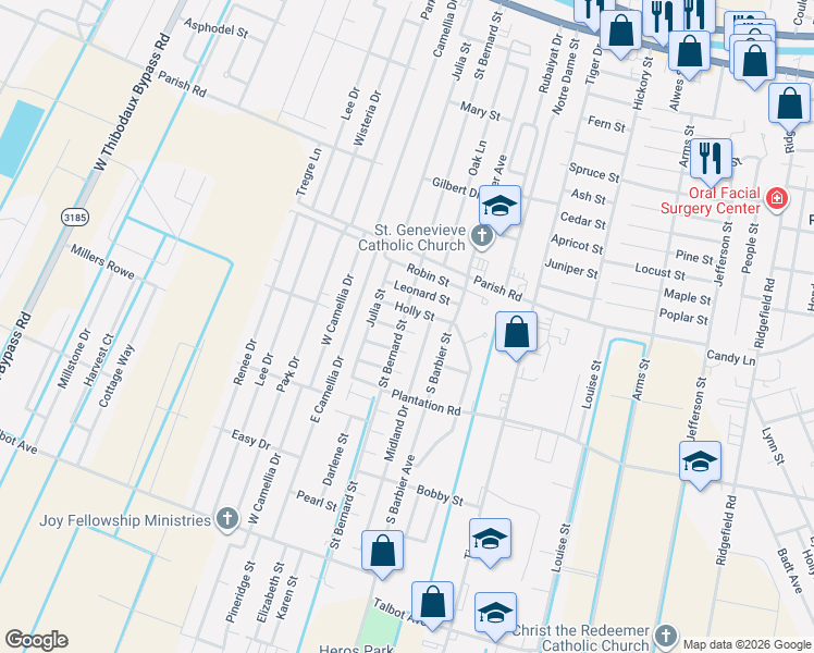 map of restaurants, bars, coffee shops, grocery stores, and more near 1500-1598 St Bernard St in Thibodaux