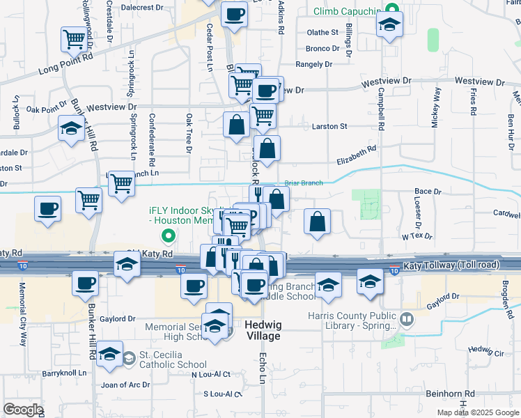 map of restaurants, bars, coffee shops, grocery stores, and more near 1110 Blalock Road in Houston