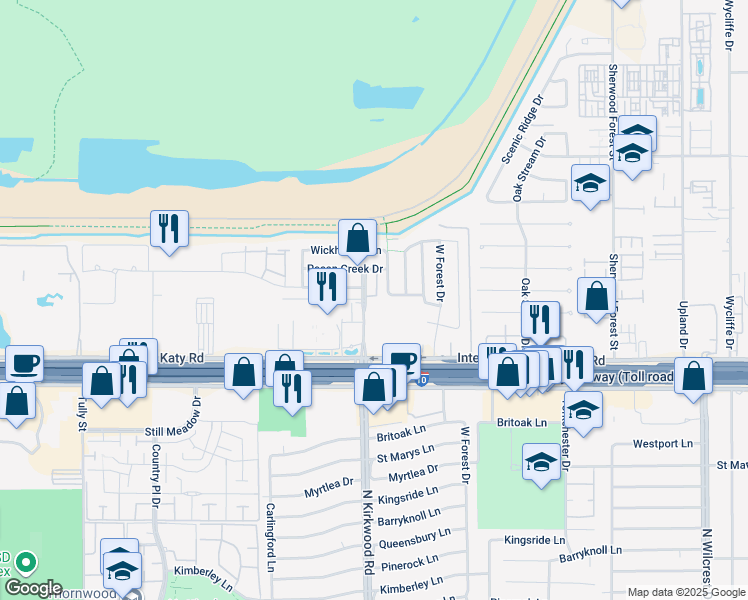 map of restaurants, bars, coffee shops, grocery stores, and more near 1136 North Kirkwood Road in Houston