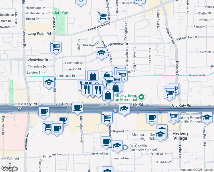 map of restaurants, bars, coffee shops, grocery stores, and more near 9710 Katy Freeway in Houston