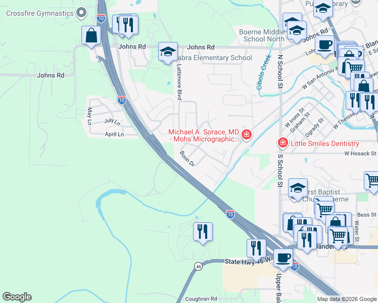 map of restaurants, bars, coffee shops, grocery stores, and more near 109 Krieg Drive in Boerne