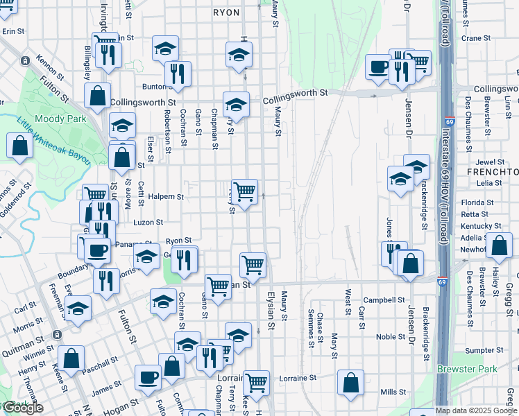 map of restaurants, bars, coffee shops, grocery stores, and more near 2909 Elysian Street in Houston