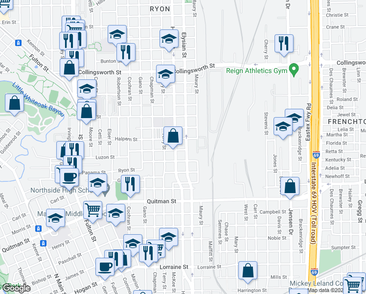 map of restaurants, bars, coffee shops, grocery stores, and more near 1613 Mcneil Street in Houston
