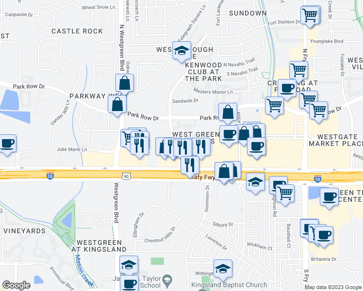 map of restaurants, bars, coffee shops, grocery stores, and more near 1403 Westborough Drive in Katy