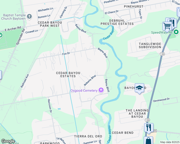 map of restaurants, bars, coffee shops, grocery stores, and more near 3916 Roberts Boulevard in Baytown