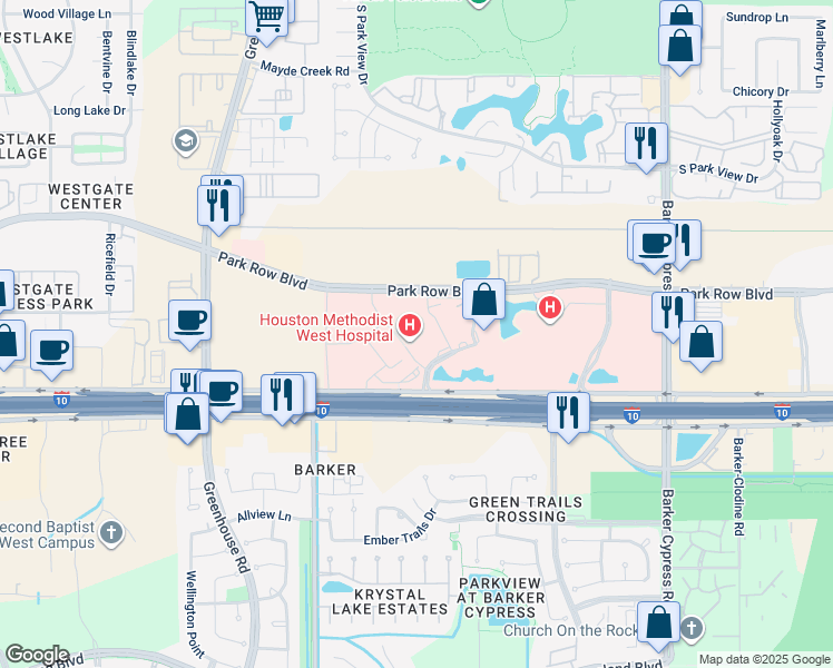 map of restaurants, bars, coffee shops, grocery stores, and more near 18500 Katy Freeway in Houston