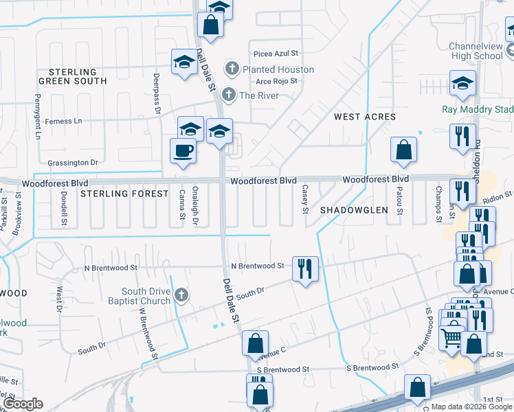 map of restaurants, bars, coffee shops, grocery stores, and more near 746 Kilpatrick Street in Channelview