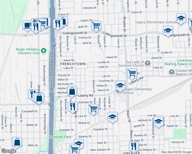 map of restaurants, bars, coffee shops, grocery stores, and more near 3811 Courtney Street in Houston