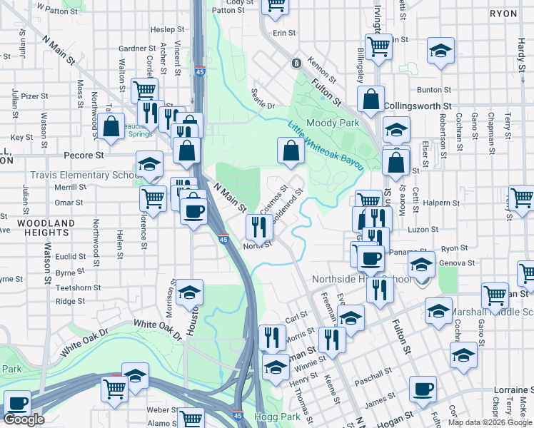 map of restaurants, bars, coffee shops, grocery stores, and more near 111 Goldenrod Street in Houston