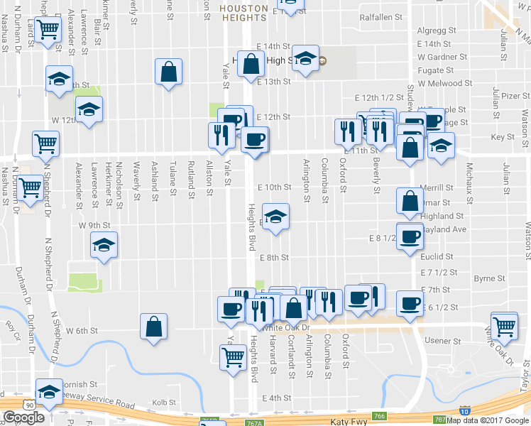 map of restaurants, bars, coffee shops, grocery stores, and more near 101 East 9th Street in Houston
