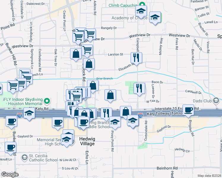 map of restaurants, bars, coffee shops, grocery stores, and more near 9204 Cardwell Street in Houston