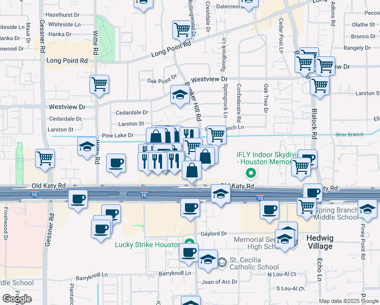 map of restaurants, bars, coffee shops, grocery stores, and more near 9710 Katy Freeway in Houston