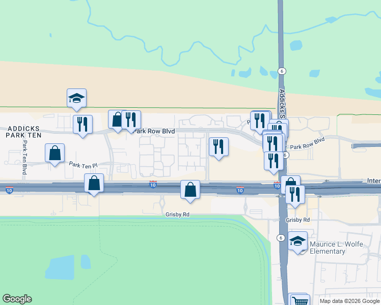 map of restaurants, bars, coffee shops, grocery stores, and more near 15211 Park Row in Houston