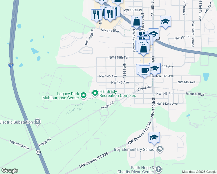 map of restaurants, bars, coffee shops, grocery stores, and more near 14300 Northwest 146 Terrace in Alachua