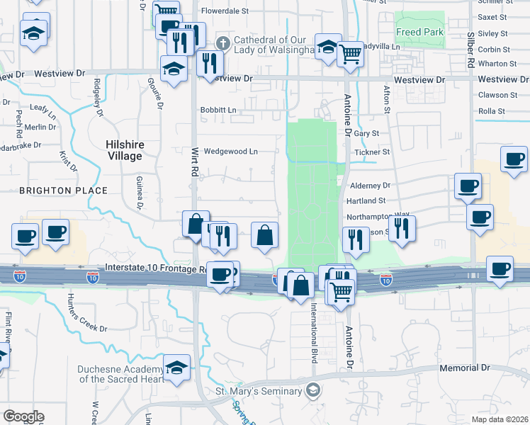 map of restaurants, bars, coffee shops, grocery stores, and more near 7615 Bryonwood Drive in Houston