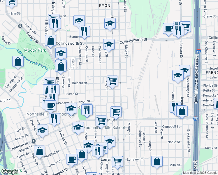 map of restaurants, bars, coffee shops, grocery stores, and more near 2812 Hardy Street in Houston