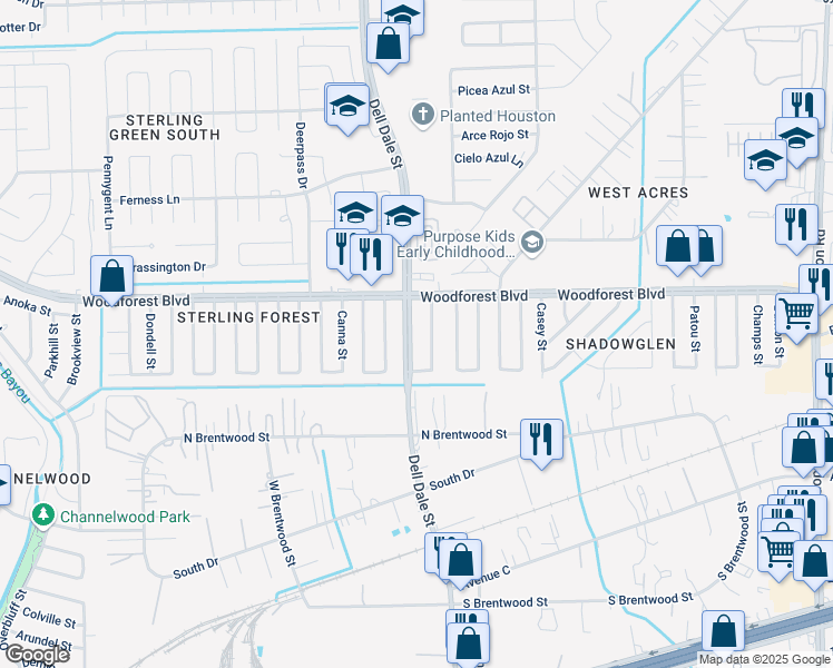 map of restaurants, bars, coffee shops, grocery stores, and more near 731 Dell Dale Street in Channelview