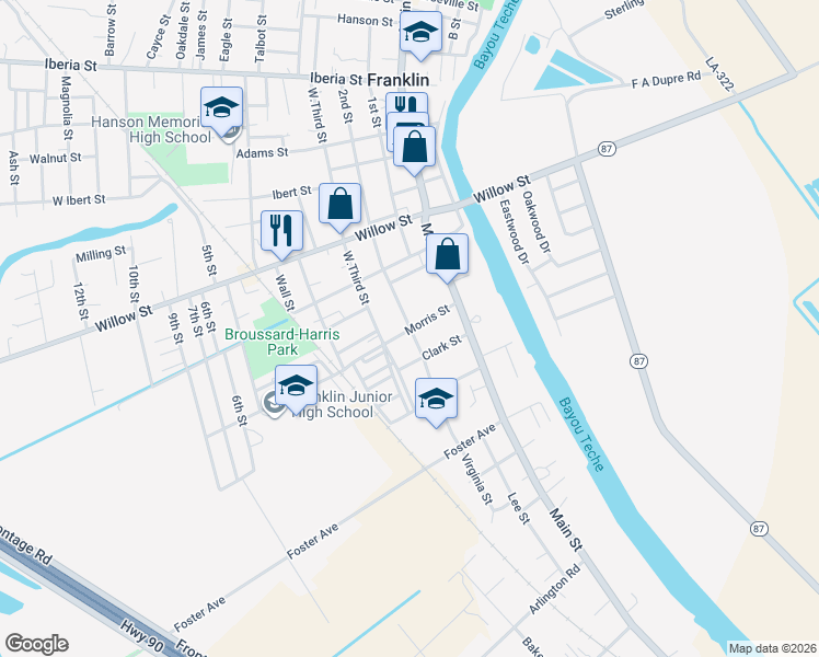 map of restaurants, bars, coffee shops, grocery stores, and more near 301 Morris Street in Franklin