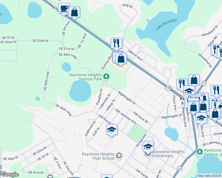 map of restaurants, bars, coffee shops, grocery stores, and more near 7450 Lakeview Street in Keystone Heights