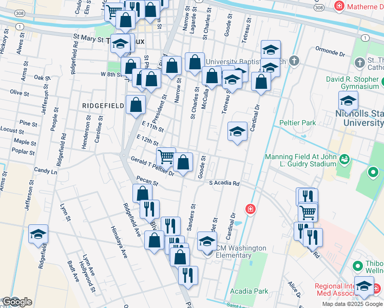map of restaurants, bars, coffee shops, grocery stores, and more near 1231 Saint Charles Street in Thibodaux