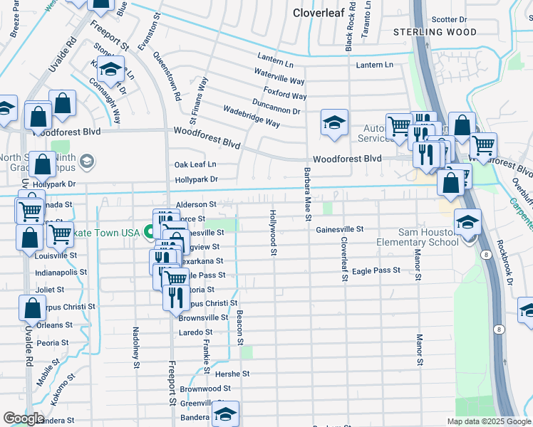 map of restaurants, bars, coffee shops, grocery stores, and more near 14206 Force Street in Houston