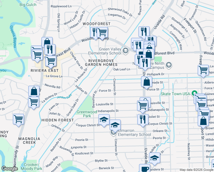 map of restaurants, bars, coffee shops, grocery stores, and more near 13121 Force Street in Houston