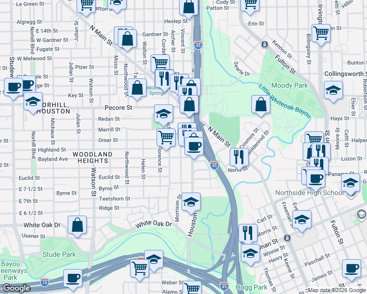 map of restaurants, bars, coffee shops, grocery stores, and more near 3202 Morrison Street in Houston