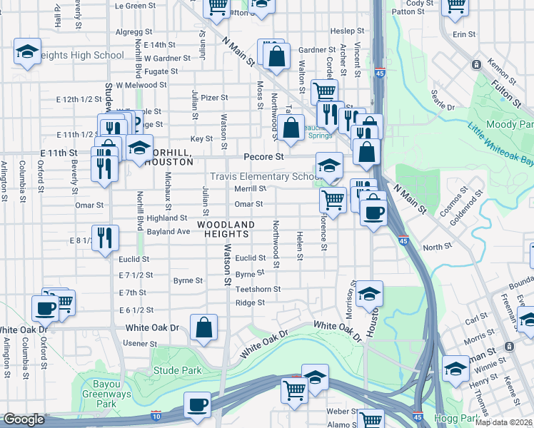 map of restaurants, bars, coffee shops, grocery stores, and more near 625 Bayland Avenue in Houston