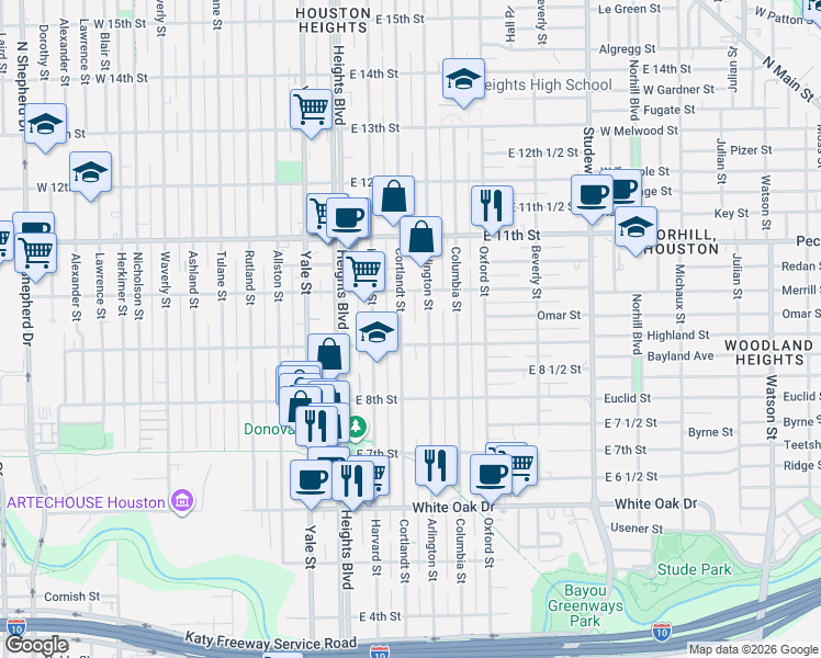 map of restaurants, bars, coffee shops, grocery stores, and more near 248-298 East 9th Street in Houston