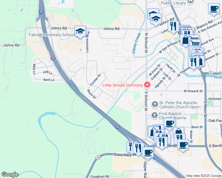 map of restaurants, bars, coffee shops, grocery stores, and more near 213 Ludwig Drive in Boerne