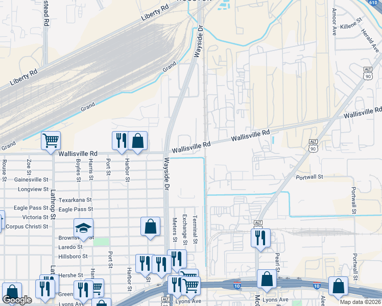 map of restaurants, bars, coffee shops, grocery stores, and more near 7610 Wallisville Road in Houston