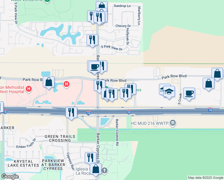 map of restaurants, bars, coffee shops, grocery stores, and more near 17404 Katy Freeway in Houston