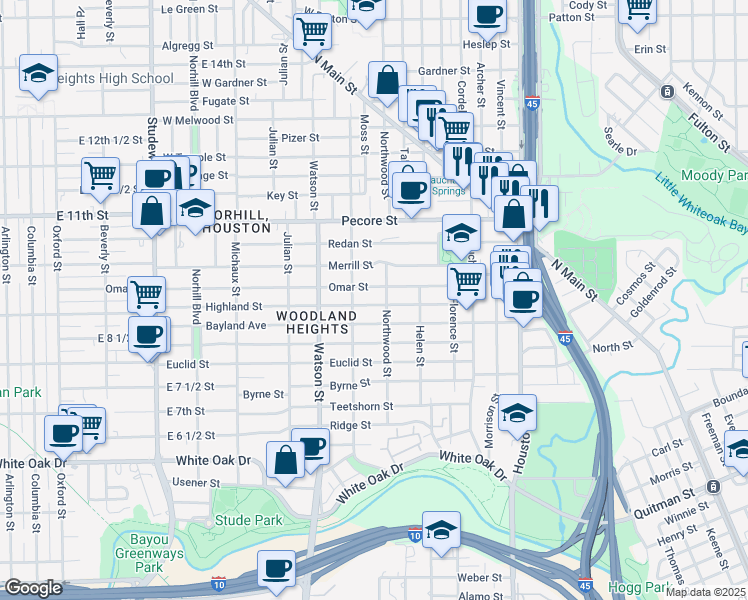 map of restaurants, bars, coffee shops, grocery stores, and more near 625 Bayland Avenue in Houston