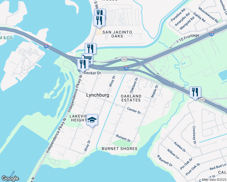 map of restaurants, bars, coffee shops, grocery stores, and more near 128 Ilfrey Street in Baytown