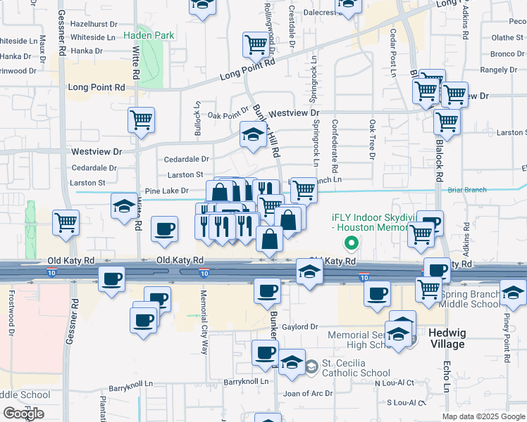 map of restaurants, bars, coffee shops, grocery stores, and more near 9710 Katy Freeway in Houston