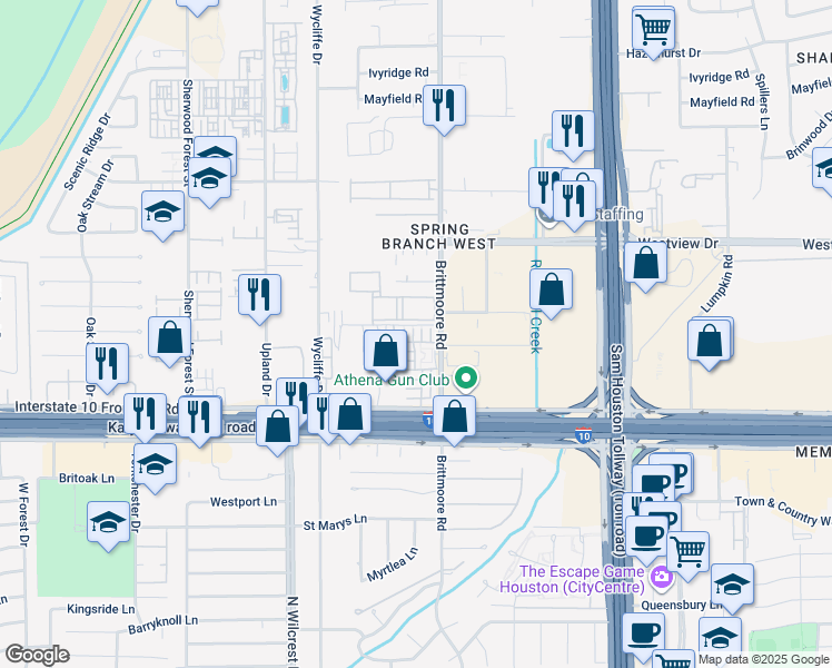 map of restaurants, bars, coffee shops, grocery stores, and more near 10902 Katy Freeway in Houston