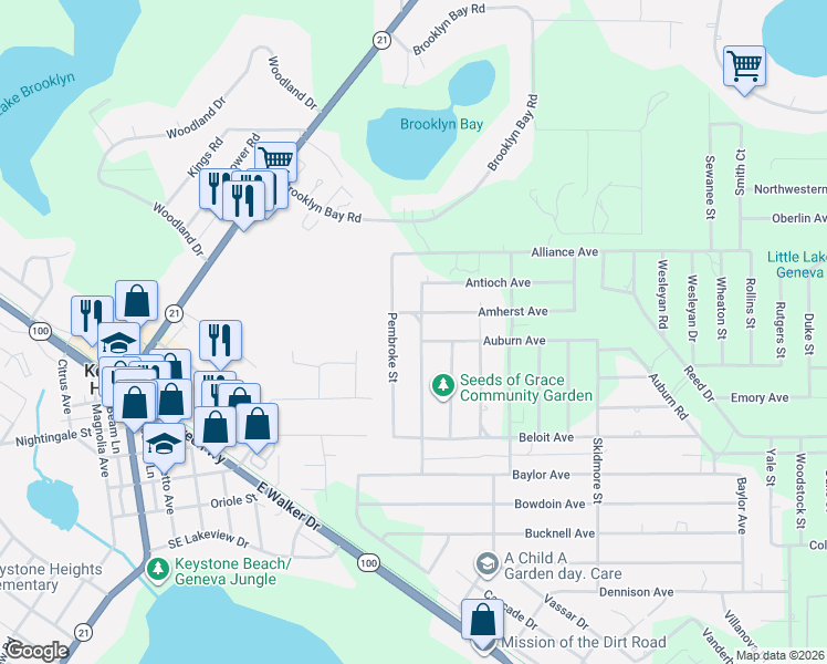 map of restaurants, bars, coffee shops, grocery stores, and more near 7184 Piedmont Street in Keystone Heights