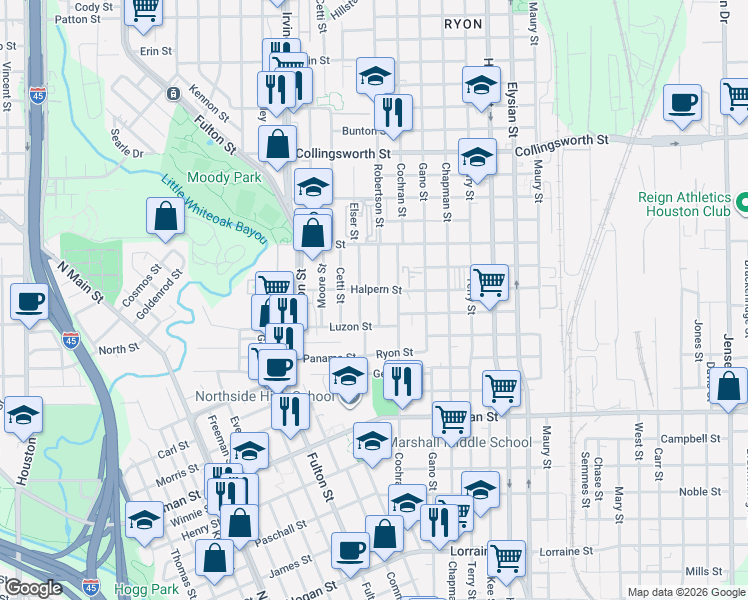 map of restaurants, bars, coffee shops, grocery stores, and more near 2811 Cochran Street in Houston